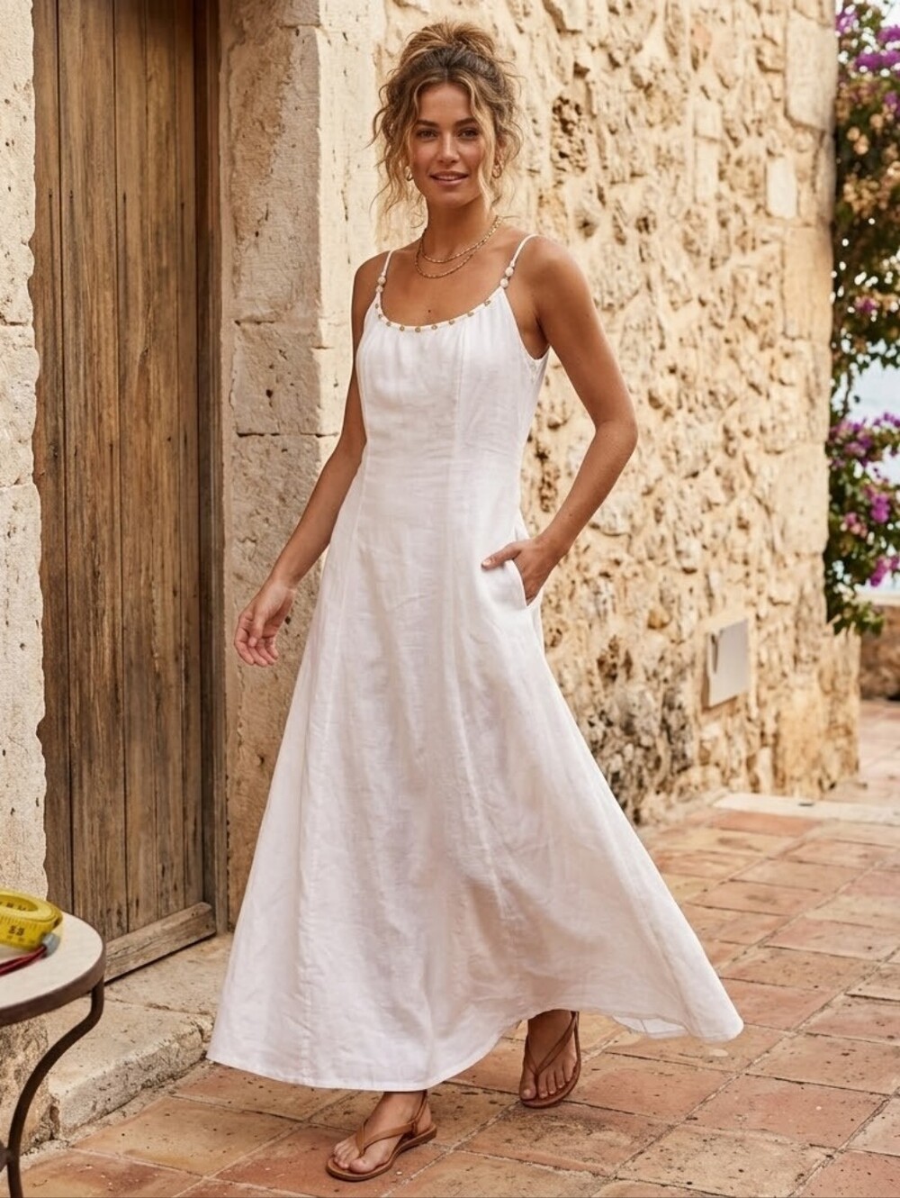 CALYPSO St. Barth White Linen Blend Beaded Maxi Dress Size 8